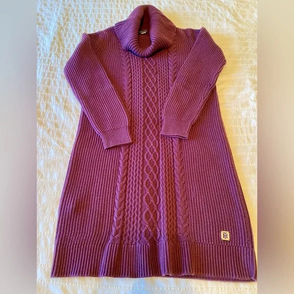 Tommy Hilfiger Purple Cowl Neck Cable Knit Sweater Dress size medium - Picture 2 of 6